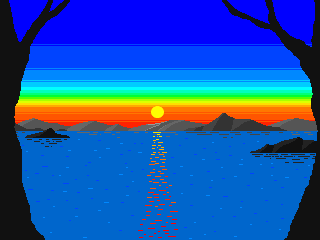 Lake Sunset — Amiga pixel art of a sunset over a lake, framed by silhouetted trees